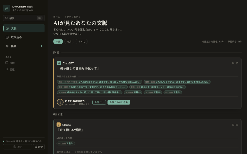 文脈の台帳・記憶一覧・送る内容の確認・AI連携の画面遷移